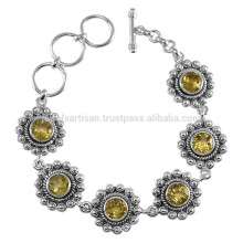 Citrine Gemstone & 925 Silver Antique Design Chain Link Bracelate Anniversary Jewelry
